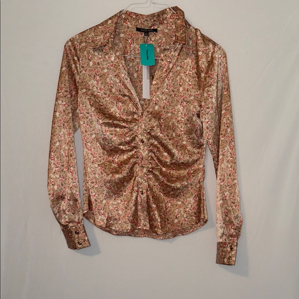 Papermoon Floral Ruched Blouse - Pink and Cream